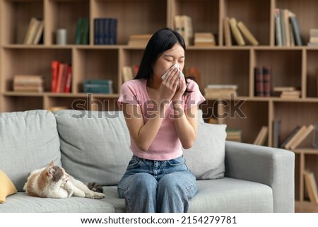 Pet allergy concept. Young korean lady sneezing and holding paper tissue, suffering from nasal congestion and runny nose caused by her cat, sitting on sofa at home Royalty-Free Stock Photo #2154279781