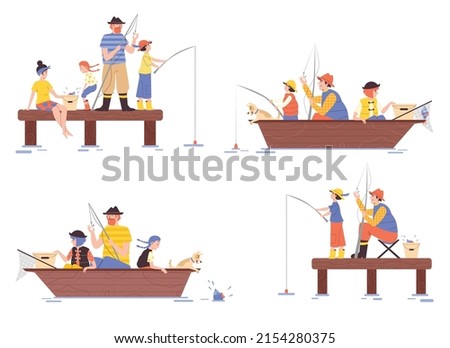 Family enjoy fishing together cartoon characters set, flat vector illustration isolated on white background. Parents and children fishing together in nature.