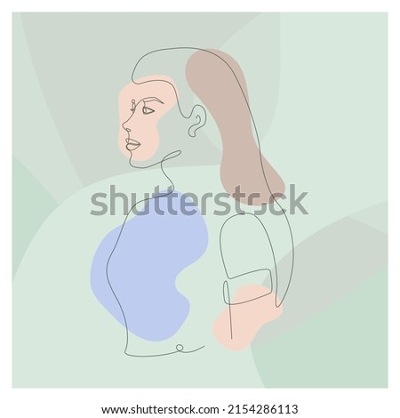 Modern abstract poster with girl profile on green spotty background. Linear female portrait for tattoo, wall art, printing, cover design, logo, backdrop, etc.