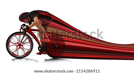 Man racing cyclist in motion on white background. Flyer. Pixel stretch effect