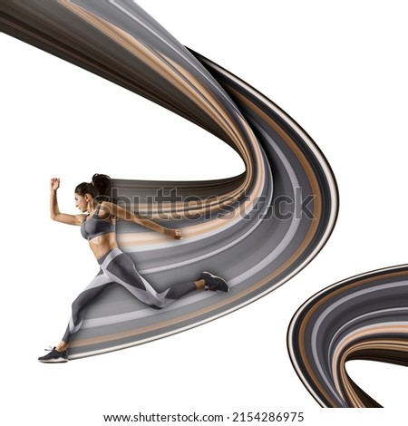 Sporty young woman running on art paint background. Flyer. Concept of sport, running, competition. Pixel stretch effect