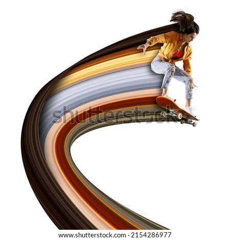 Skateboarder doing a jumping trick. Flyer. Concept of sport, skateboarding. Pixel stretch effect
