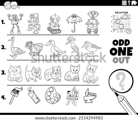 Black and white cartoon illustration of odd one out picture in a row educational activity for children with comic characters coloring book page Royalty-Free Stock Photo #2154294983