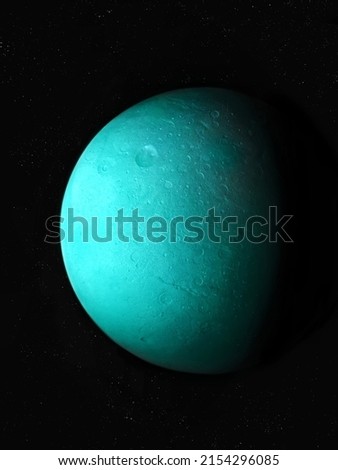 Rocky exoplanet in deep space. Craters and relief of the green planet. Sci-fi background, realistic planetary surface. 