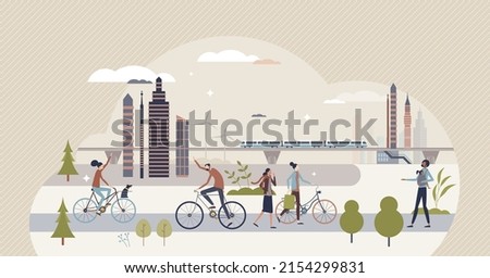 Save earth and use walking, cycling and public transport tiny person concept. Avoid private cars to reduce CO2 emissions pollution and support ecological and sustainable lifestyle vector illustration.