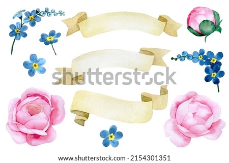 watercolor drawing. vintage set of ribbons for inscription and flowers pink peony and blue myosotis.
