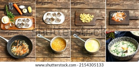 Recipe creamy cod soup, step-by-step preparation. Collage of food. On a beautiful wooden background. View from above.