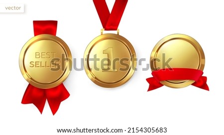 Bestseller, award and medal. First place or best product. Gold medals with red ribbons. Vector illustration Royalty-Free Stock Photo #2154305683