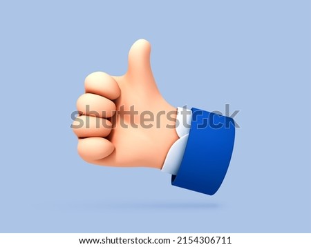 3D cartoon thumb up hand gesture isolated on blue background. Hand thumb up or like sign. Vector 3d illustration Royalty-Free Stock Photo #2154306711