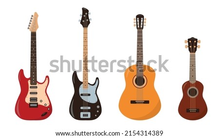 Set of Guitar icons. Acoustic, Bass, Wooden stringed guitar and Ukulele musical instrument isolated on white background. Vector illustration in flat or cartoon style.