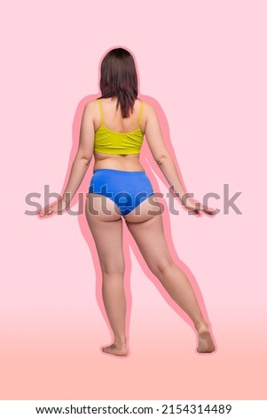 Body liposuction, fat and cellulite removal concept, overweight female body, back, buttocks, legs on pink background, full length rear view
