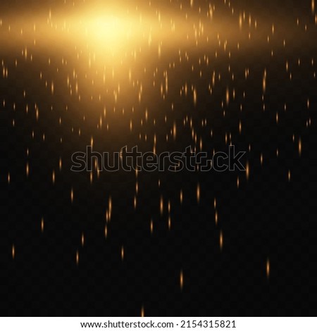 Vector transparent falling sunlight special lens, flare light effect. Vector blur in a glow of light with many twinkling golden fireflies.