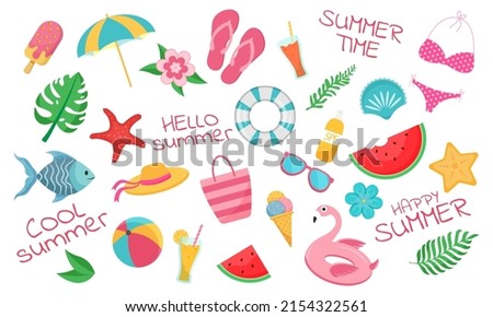 Set of summer icons with beach elements. Vector illustration.