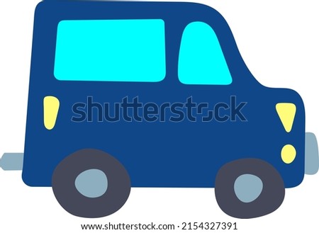 Cartoon doodle icon car. Minibus for kids design, city illustration, kindergarten decor. Blue hand drawn transport for baby boy print. Color picture of vehicle from freehand. Flat travel road clip art