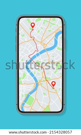 Phone with map and gps with location on screen. Mobile smartphone app with map of roads and pin with navigator of city. Vector. Application of street search and route navigation icons in town. Royalty-Free Stock Photo #2154328057