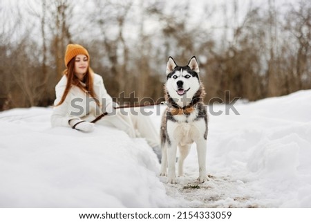 Happy young woman in the snow playing with a dog outdoors friendship fresh air