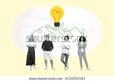 Retro artwork of black white filter people colleagues suggestions connected cartoon light bulb isolated colorful background Royalty-Free Stock Photo #2154342583