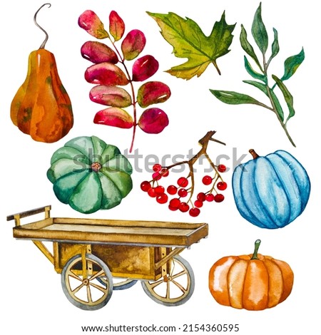 Hand paint watercolor autumn set of pumpkins, trolley, autumn leaves, rowan berries isolated on white background. Ideal for card making, design, scrapbooking

