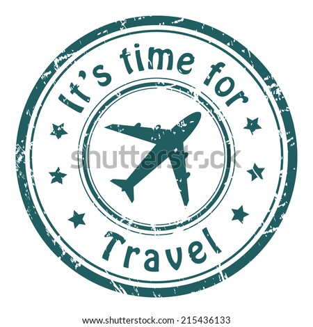 Travel time, grunge postal stamp icon, blue isolated on white background, vector illustration. Royalty-Free Stock Photo #215436133
