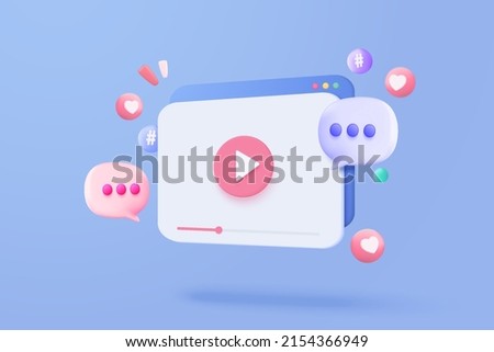 3d social media with live streaming and emotion video on blue browser. Social media playing video for make money passive income 3d concept. 3d live video entertainment vector render illustration Royalty-Free Stock Photo #2154366949