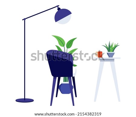 Freelancer workplace with modern armchair and floor lamp isolated on white background