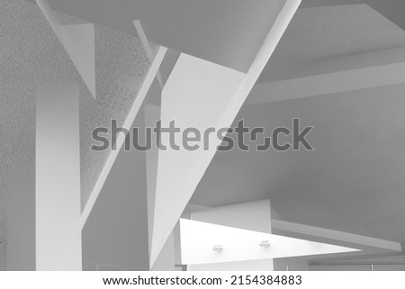 Double exposure of architectural surfaces. Abstract modern architecture. Interior design with pillars. Minimal geometric background. Angular and polygonal structure of walls and ceiling.