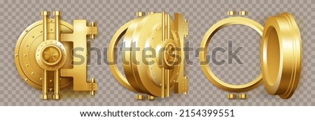 Gold safe door, round bank vault gate with lock. Vector realistic set of 3d closed and open circle golden door to bunker or bank safe isolated on transparent background Royalty-Free Stock Photo #2154399551