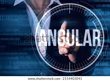 Business Woman with finger pressing Angular button on virtual screens. Modern technology concept.  Royalty-Free Stock Photo #2154403041
