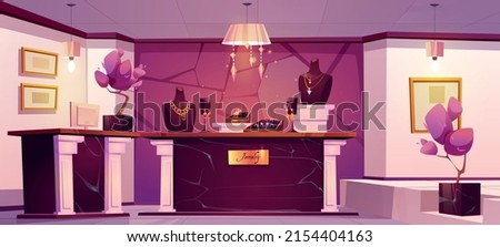 Jewelry shop interior with gold necklaces and chains on mannequins, rings with diamonds and earrings. Vector cartoon illustration of luxury store with golden jewellery, marble counter and cashbox Royalty-Free Stock Photo #2154404163