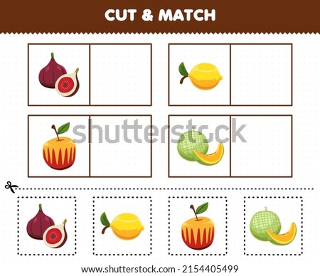 Education game for children cut and match the same picture of cartoon fruit fig lemon apple melon printable worksheet