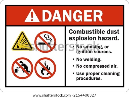Danger Sign Combustible Dust - Explosion Hazard. No Smoking Or Ignition Sources, No Welding, No Compressed Air.