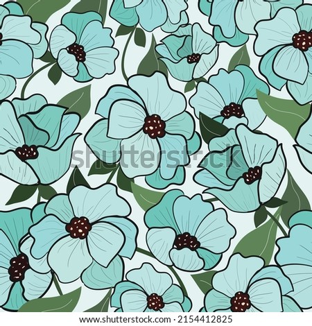 Seamless pattern blue flower and green leaf 