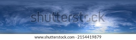 Seamless hdri panorama 360 degrees angle view blue sky with beautiful fluffy cumulus clouds with zenith for use in 3d graphics or game development as sky dome or edit drone shot. clear blue sky hdr.