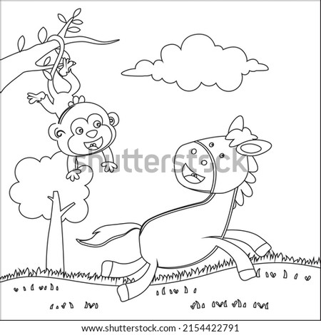 Happy horse and monkey cartoon in the farm with green field. Creative vector Childish design for kids activity colouring book or page.