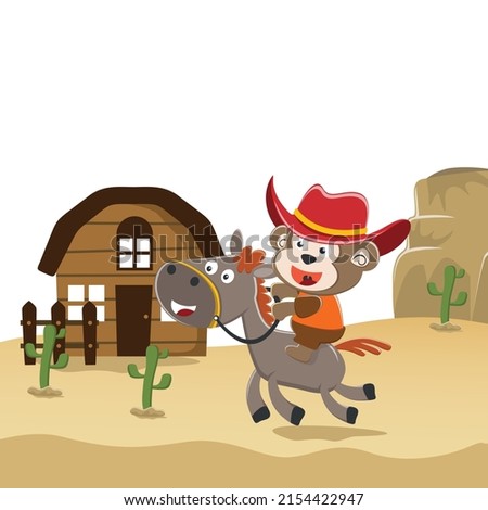 Vector cartoon illustration of funny monkey the cowboy riding a brown horse in the desert, T-Shirt Design for children. Creative vector childish background for wallpaper, poster and other decoration.