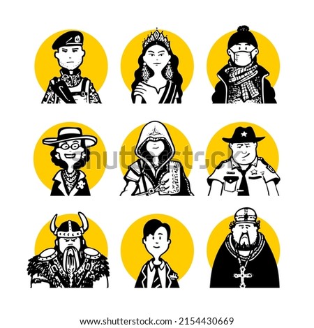 Collection 06 of comic peoples faces and characters in doodle style for monochrome avatars and black-white pictograms and set social media icons and portraits for articles or blog
