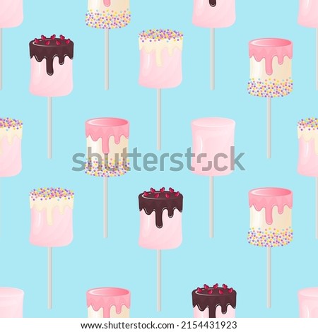 Seamless pattern with cute marshmallows on a stick in glaze and sprinkles on a blue background