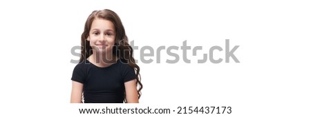 Youga relaxation class. Little girl portrait. Smiling face. Sitting home online lesson. Person banner with copyspace. Black sport dress. Attractive caucasian people. Looking at camera. Spanish beauty
