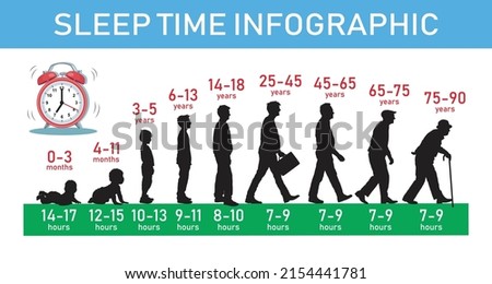 Human healthy sleep duration by ages silhouette vector infographic. How much sleep do you need by age infographic.
 Royalty-Free Stock Photo #2154441781