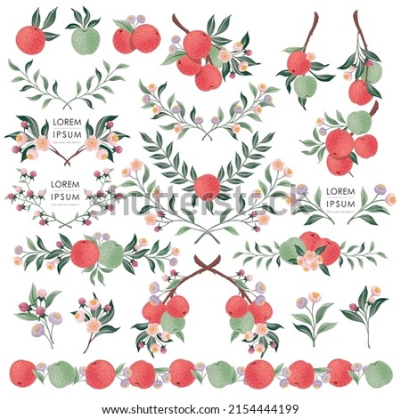 Vector illustration of a decorative collection designed with flowers and fruits. It is a beautiful set of flowers and fruits for weddings, anniversaries, birthdays, and parties.				
