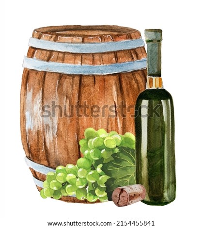 Greengrapes harvest and a bottle of wine,wooden barrel. Watercolor hand painted grapes and a glass of wine. Italian vinery concept design. French wine illustration. Autumn harvest clipart. 