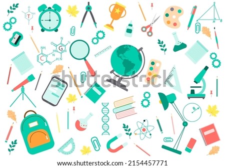 Back to school background. School supplies, tools, stationery. Ruler, globe, pen, pencil, books, set of flat design elements. Isolated vector illustration 