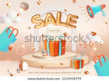 Sale Weekend Holiday Discount Ads Banner Concept Poster Card with Podium Scene Plasticine Cartoon Style. Vector illustration