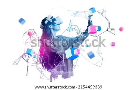 Smiling businesswoman in casual wear is wearing vr helmet. Geometrical figures and line connection in the foreground. White background. Concept of virtual reality and successful business