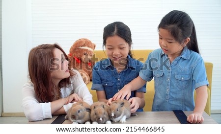 Asian two siblings and parenthood smiling playful three tiny fluffy baby rabbits together on table at home. Happy family daughter mother hugging furry bunny pet in room. Lifestyle cares pet concept.