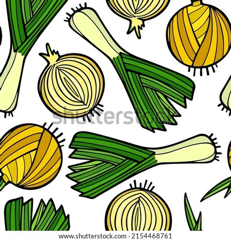 Vector seamless pattern with hand drawn yellow onion bulbs and leek stalks. Ink drawing, graphic style. Perfect for healthy food or farm markets prints and patterns