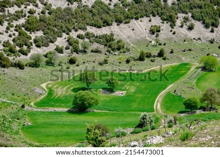 High angle plateau view, spring time. Renovation of nature and high angle grassland view.