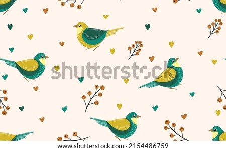 Seamless pattern with funny colorful birds, flowers, leaves and berries. Color flat vector illustration with little cartoon bird. Cute characters. Design for invitation, poster, card, textile, fabric.