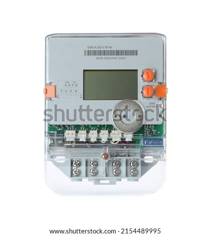 Electricity meter isolated on white background. Measuring device Royalty-Free Stock Photo #2154489995