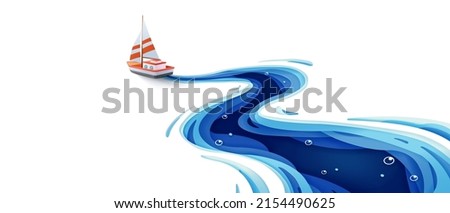 Journey of the paper sailboat in the winding blue sea, Paper art and digital craft style background, Vector illustration Royalty-Free Stock Photo #2154490625